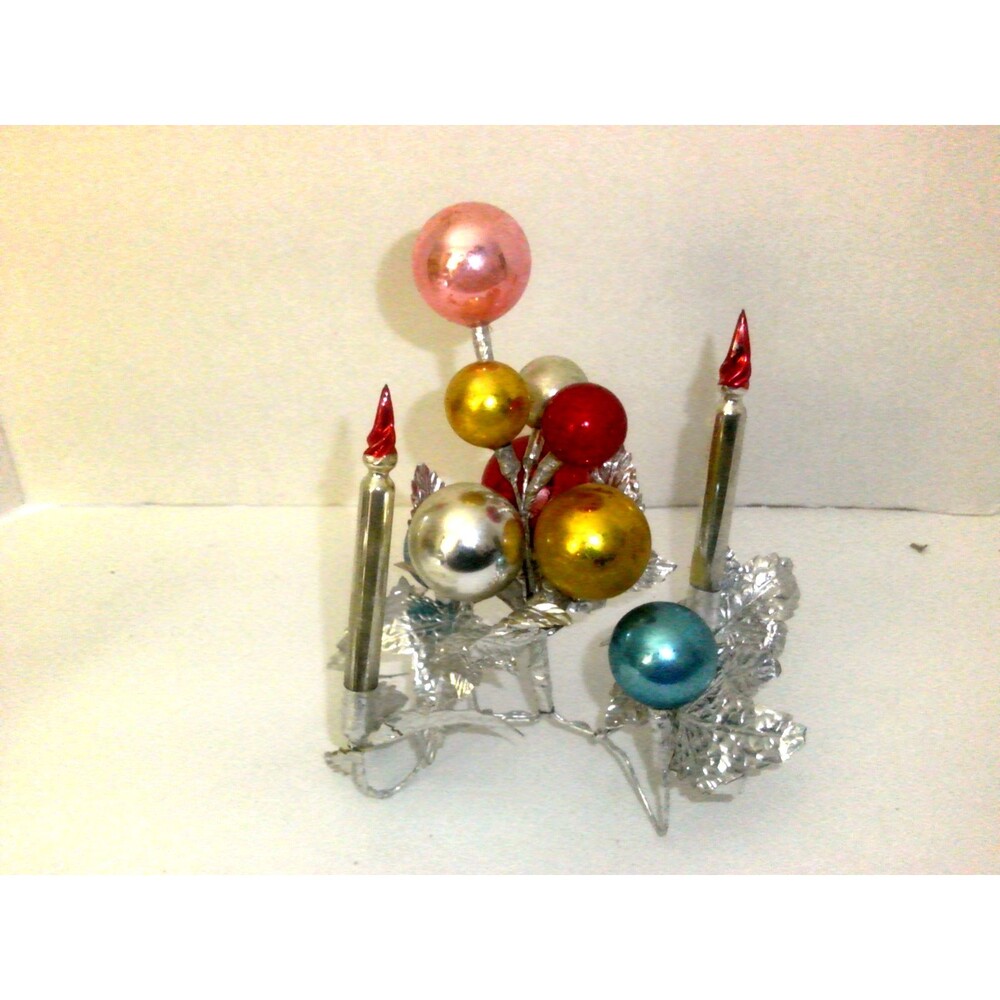 Mercury Glass Candle Centerpiece W/ Baubles 1950s 2 Candles & Baubles 7" x 6"